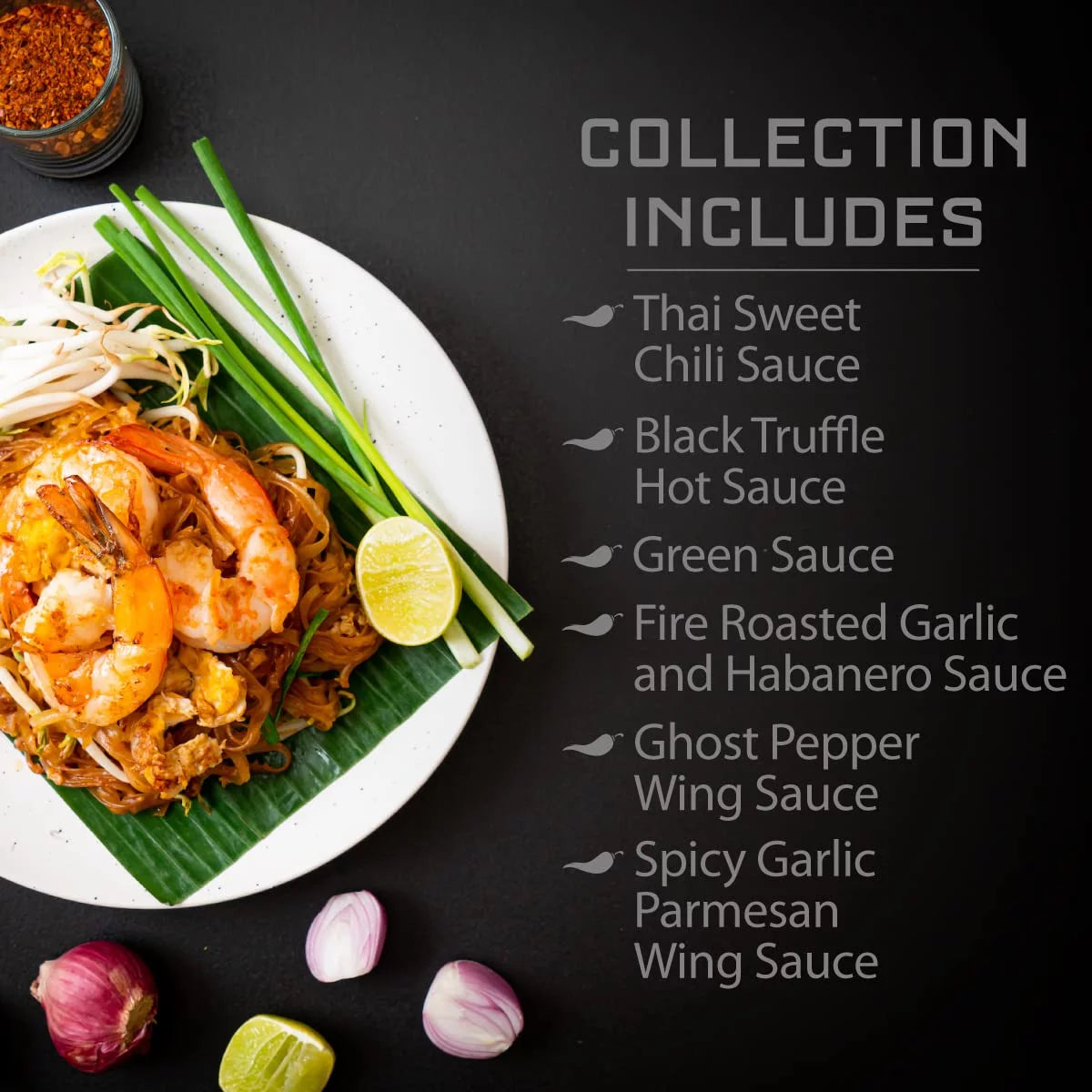 Melinda’S - a Taste of Melinda’S Collection – Craft Pepper Sauce and Condiment Gift Set - Includes Black Truffle, Thai Sweet Chili, Roasted Garlic & Habanero, Ghost Pepper, Spicy Garlic Parmesan- 12 O