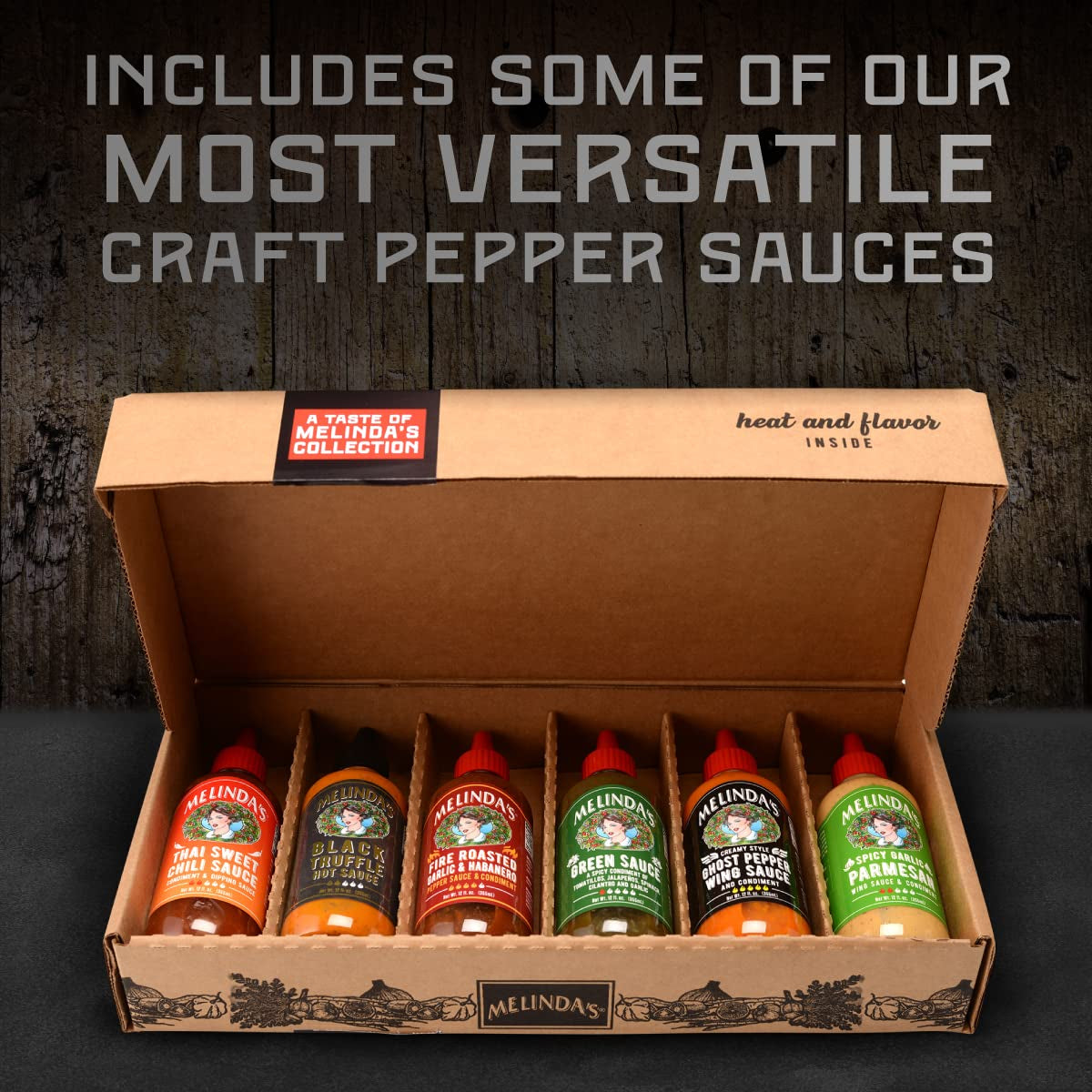 Melinda’S - a Taste of Melinda’S Collection – Craft Pepper Sauce and Condiment Gift Set - Includes Black Truffle, Thai Sweet Chili, Roasted Garlic & Habanero, Ghost Pepper, Spicy Garlic Parmesan- 12 O