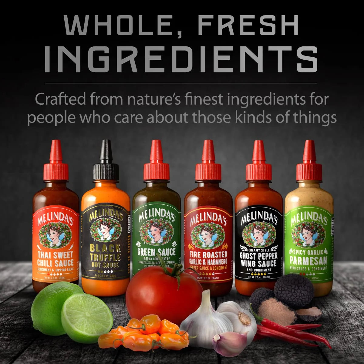 Melinda’S - a Taste of Melinda’S Collection – Craft Pepper Sauce and Condiment Gift Set - Includes Black Truffle, Thai Sweet Chili, Roasted Garlic & Habanero, Ghost Pepper, Spicy Garlic Parmesan- 12 O