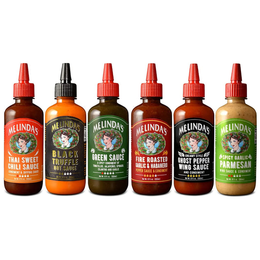 Melinda’S - a Taste of Melinda’S Collection – Craft Pepper Sauce and Condiment Gift Set - Includes Black Truffle, Thai Sweet Chili, Roasted Garlic & Habanero, Ghost Pepper, Spicy Garlic Parmesan- 12 O