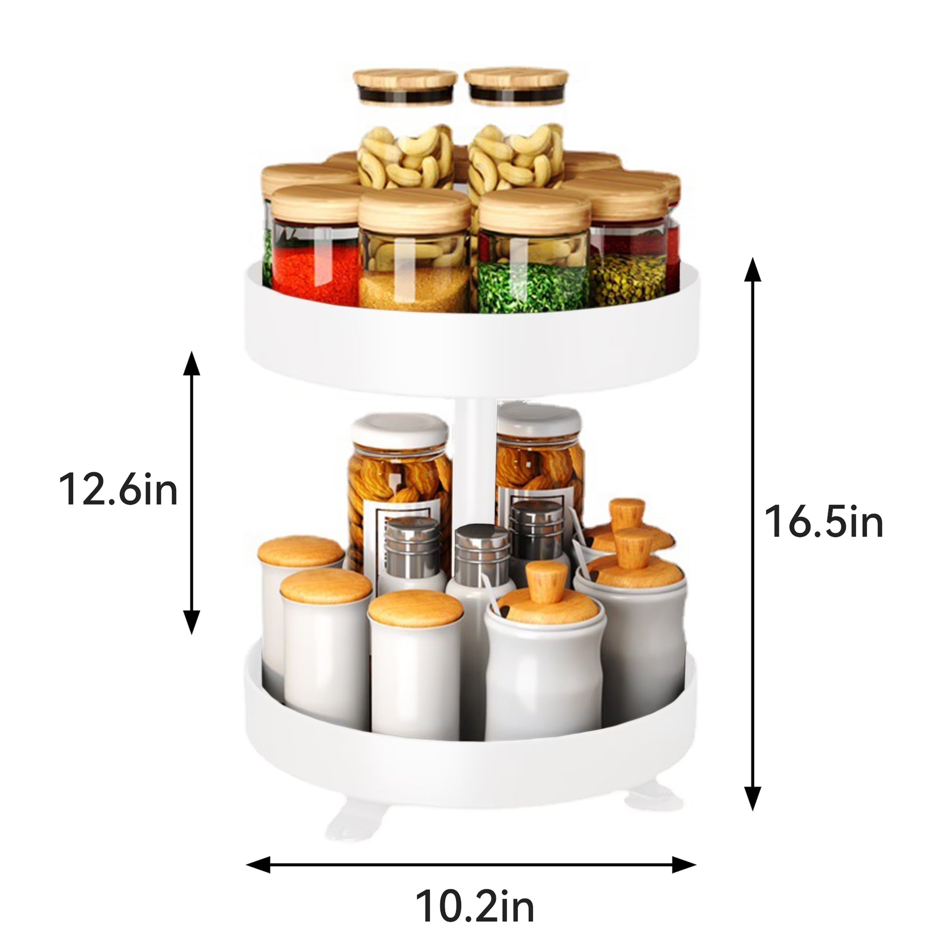 2 Tier Rotating Spice Rack, 10-Inch Spinning Spice Organizer, Kitchen Counter Storage, White