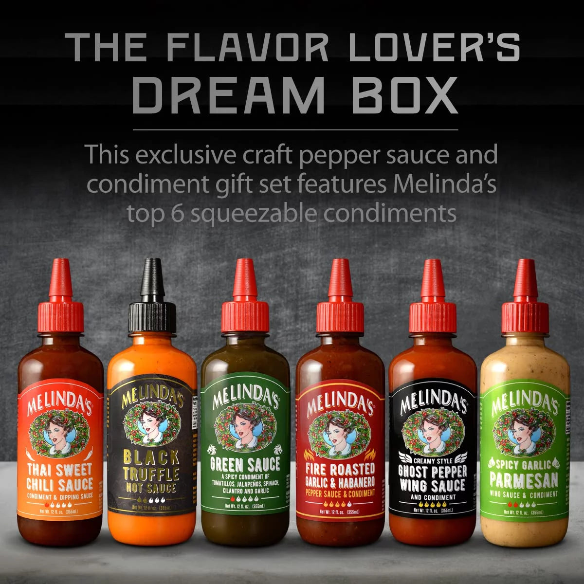 Melinda’S - a Taste of Melinda’S Collection – Craft Pepper Sauce and Condiment Gift Set - Includes Black Truffle, Thai Sweet Chili, Roasted Garlic & Habanero, Ghost Pepper, Spicy Garlic Parmesan- 12 O