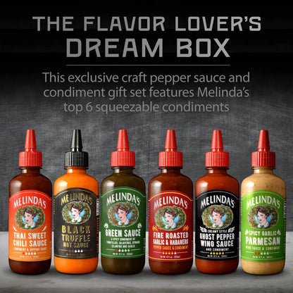 Melinda’S - a Taste of Melinda’S Collection – Craft Pepper Sauce and Condiment Gift Set - Includes Black Truffle, Thai Sweet Chili, Roasted Garlic & Habanero, Ghost Pepper, Spicy Garlic Parmesan- 12 O