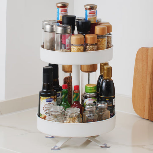 2 Tier Rotating Spice Rack, 10-Inch Spinning Spice Organizer, Kitchen Counter Storage, White