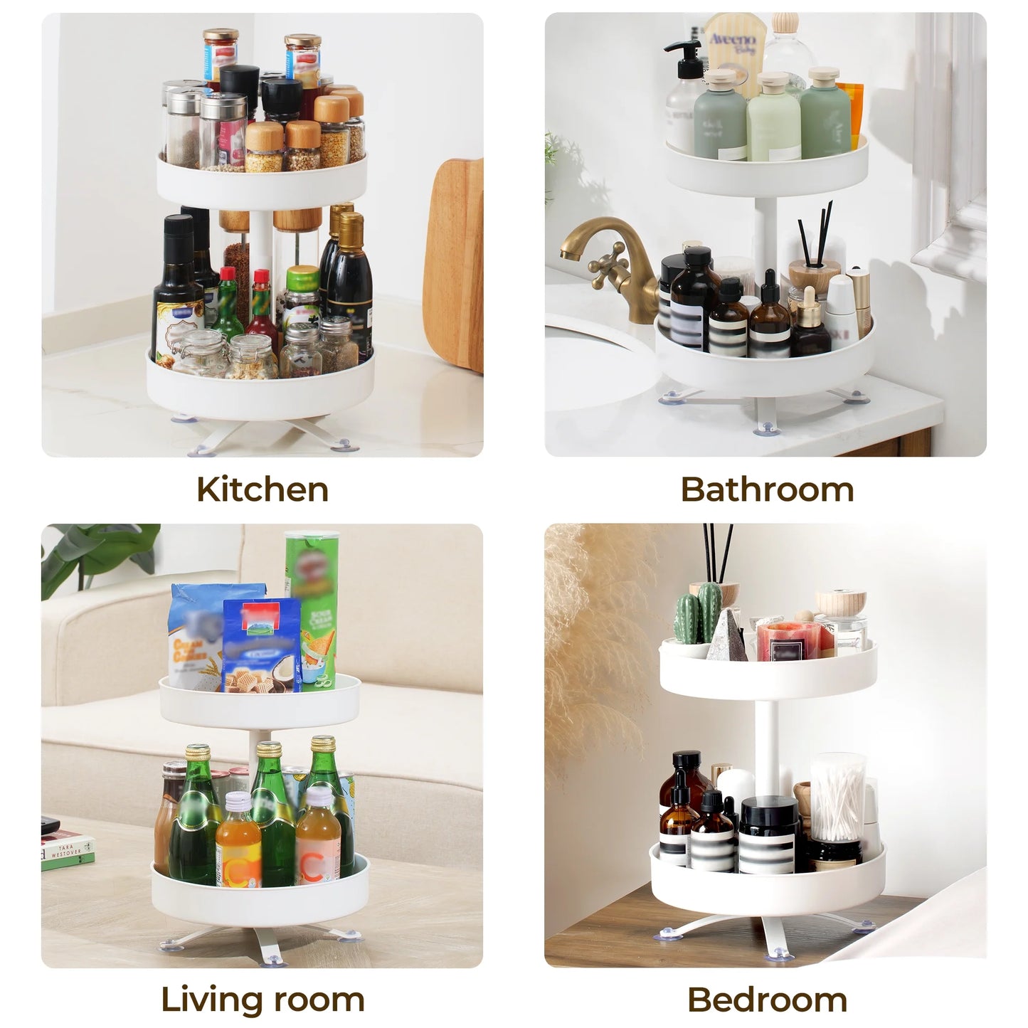 2 Tier Rotating Spice Rack, 10-Inch Spinning Spice Organizer, Kitchen Counter Storage, White