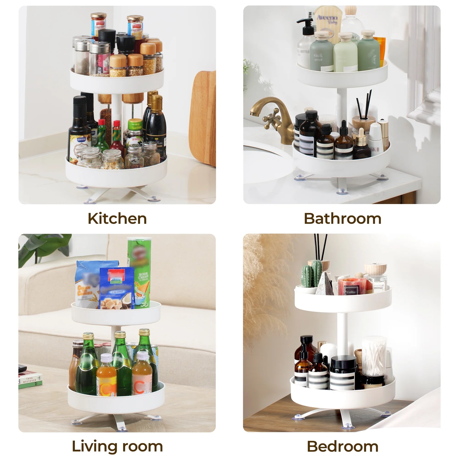 2 Tier Rotating Spice Rack, 10-Inch Spinning Spice Organizer, Kitchen Counter Storage, White
